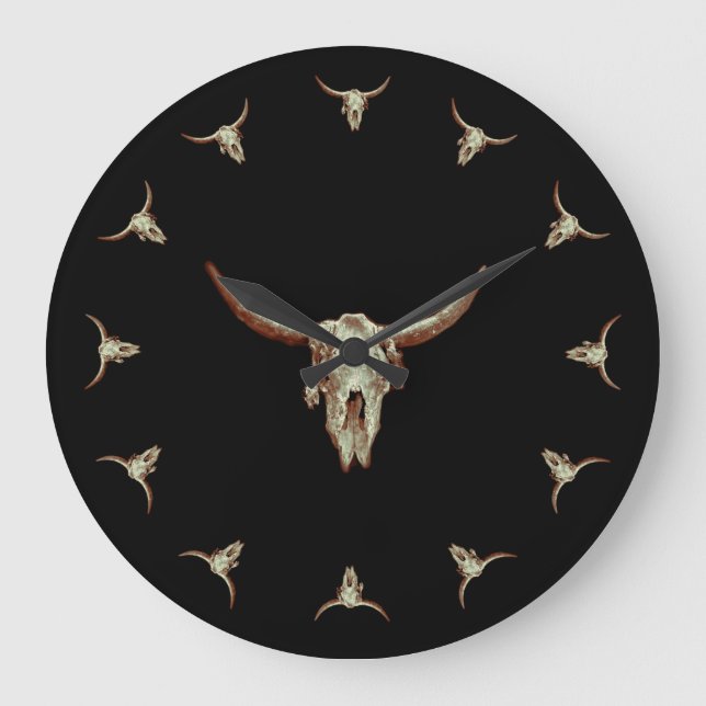Western Cow Skull Black Brown Country Rustic Style Large Clock (Front)