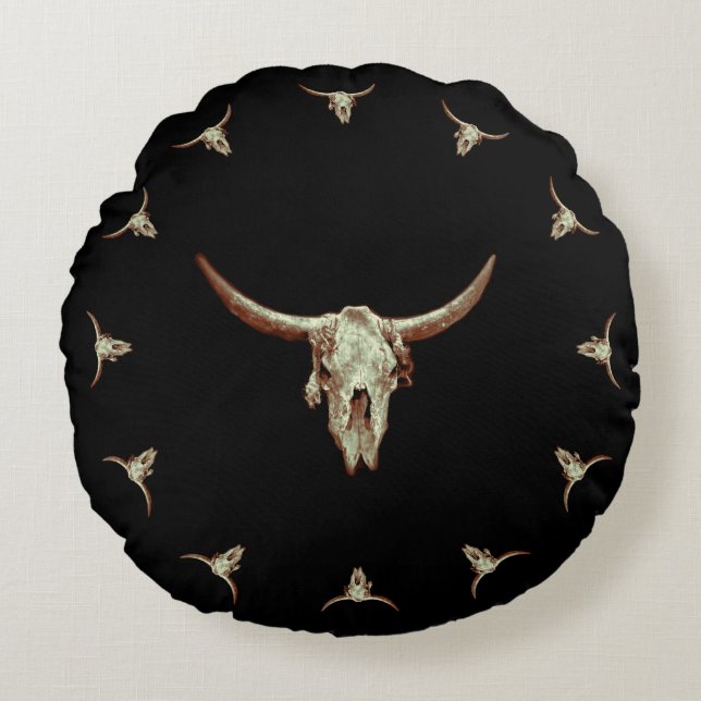 Western Cow Skull Black Brown Country Rustic Style Round Cushion (Front)