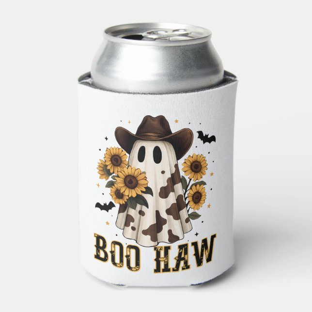 Western Cow Spot Spooky Ghost Boo Haw Can Cooler (Can Front)