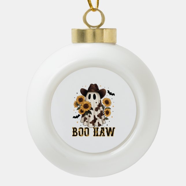 Western Cow Spot Spooky Ghost Boo Haw Ceramic Ball Christmas Ornament (Front)