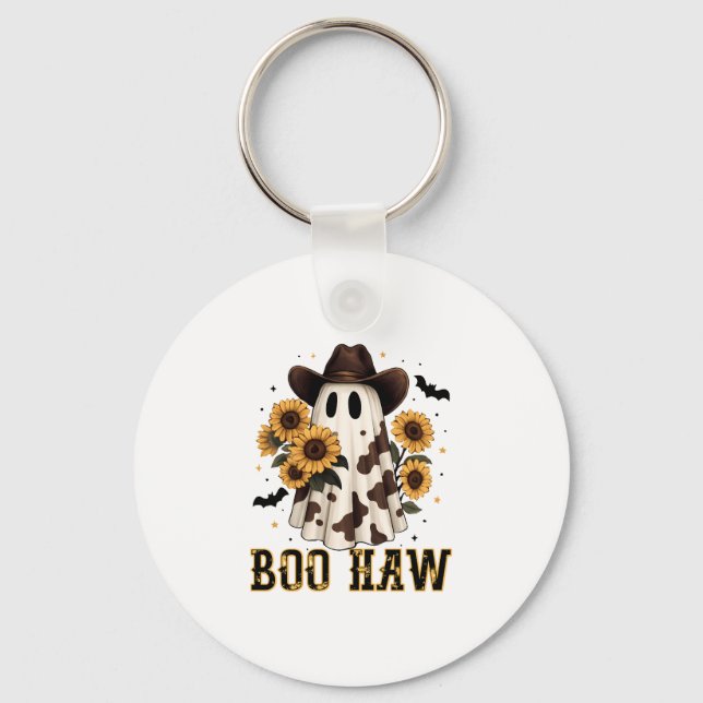 Western Cow Spot Spooky Ghost Boo Haw Key Ring (Front)