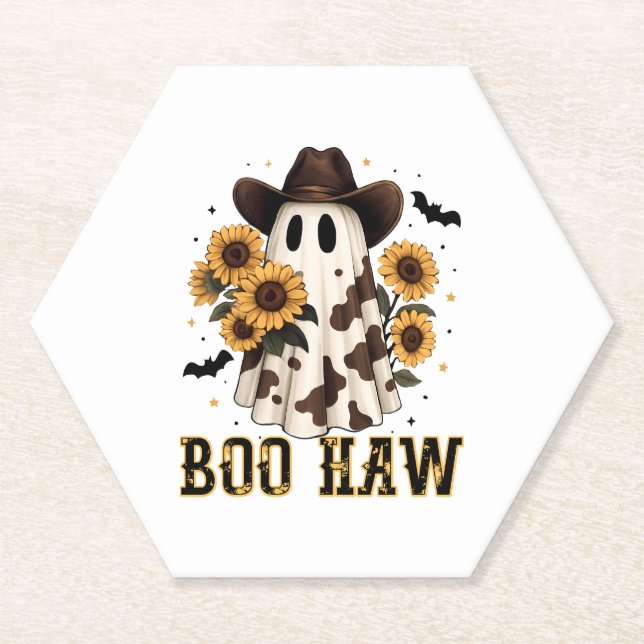 Western Cow Spot Spooky Ghost Boo Haw Paper Coaster (Front)