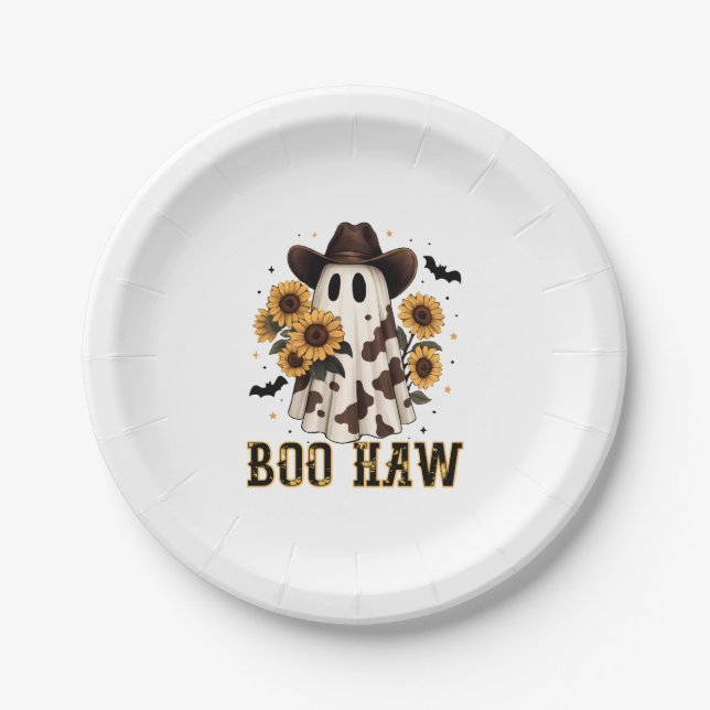 Western Cow Spot Spooky Ghost Boo Haw Paper Plate (Front)