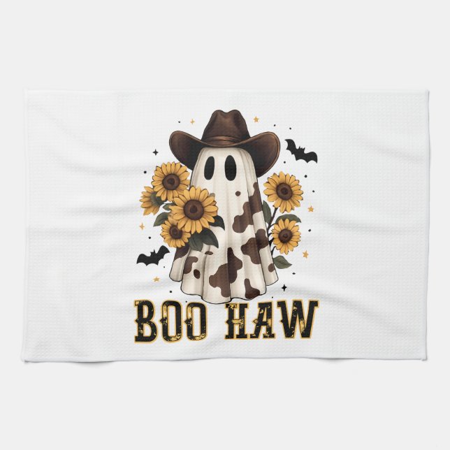 Western Cow Spot Spooky Ghost Boo Haw Tea Towel (Horizontal)