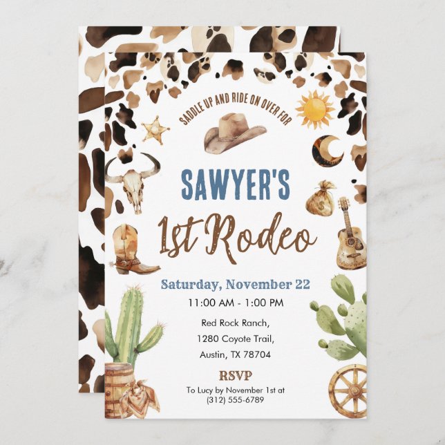 Western Cowboy “1st Rodeo” Birthday Invitation (Front/Back)