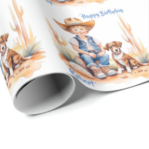 Western Cowboy and Dog Personalised Birthday Wrapping Paper