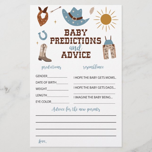 Western Cowboy Baby Shower Advice and Predictions Flyer (Front)
