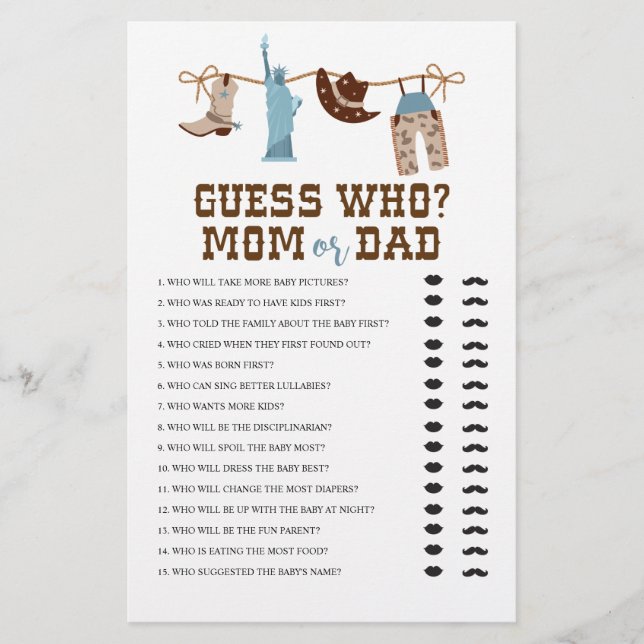 Western Cowboy Baby Shower Guess Who Game Flyer (Front)