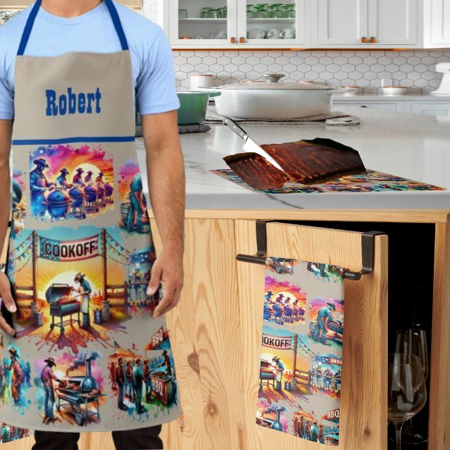 Western Cowboy BBQ Cookoff Scenes 1 Custom Apron (BBQ Cookoff Apron Customize the name. Colorful BBQ cooking scenes.)
