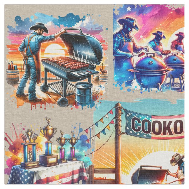 Western Cowboy BBQ Cookoff Scenes 1 Fabric (Close Up)