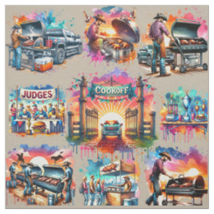 Western Cowboy BBQ Cookoff Scenes 2 Fabric
