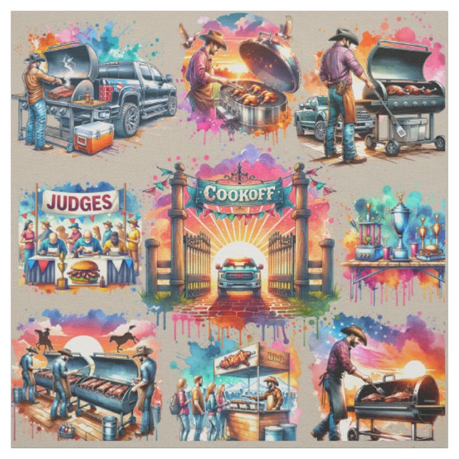 Western Cowboy BBQ Cookoff Scenes 2 Fabric (Swatch)