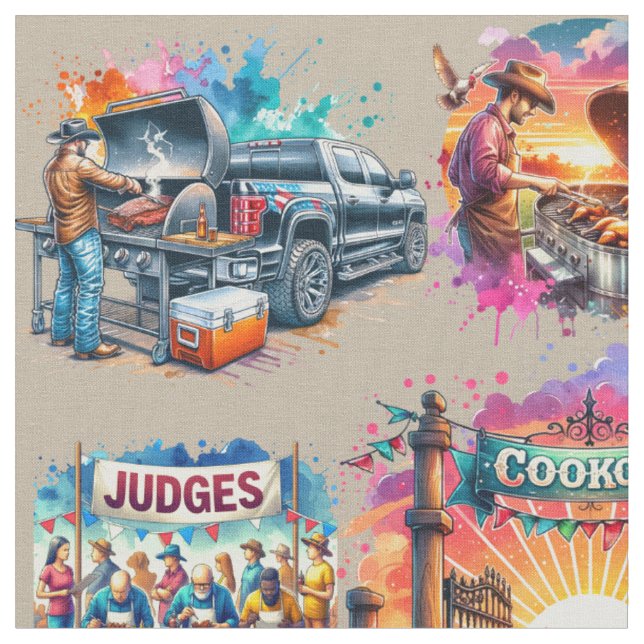 Western Cowboy BBQ Cookoff Scenes 2 Fabric (Close Up)