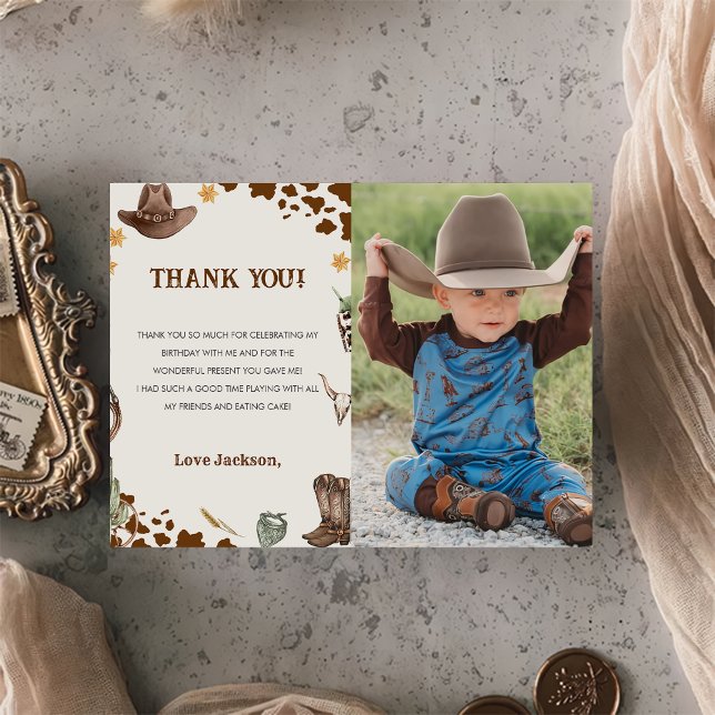 Western Cowboy Birthday Party Photo Thank You Card (Creator Uploaded)