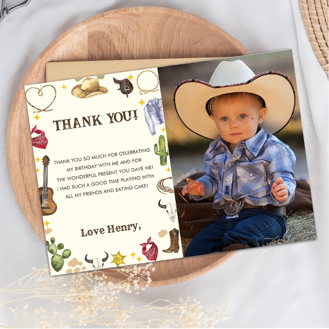 Western Cowboy Birthday Party Photo Thank You Card (Creator Uploaded)