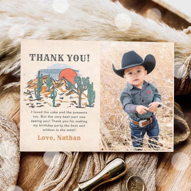 Western Cowboy Birthday Party Photo Thank You Card (Creator Uploaded)