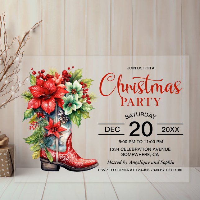 Western Cowboy Boot Christmas Party Acrylic Invitations (Creator Uploaded)