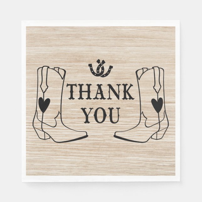 Western Cowboy Boot Country Wedding Wood Thank You Napkin (Front)