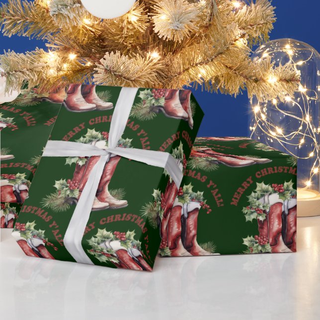 Western Cowboy Boot Merry Christmas Y'all Wrapping Paper (Holidays)