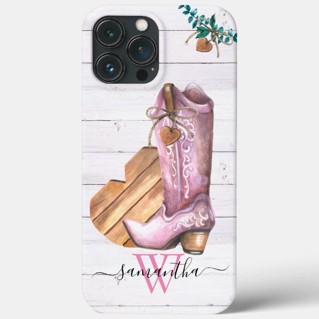 Western Cowboy Boot Monogram Boho Wood  Case-Mate iPhone Case (Back)