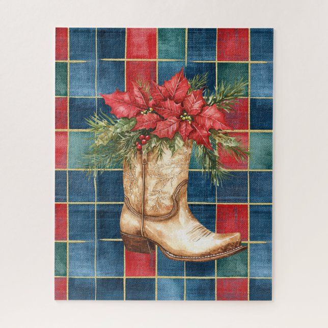 Western Cowboy Boot Red Floral Christmas Jigsaw Puzzle (Vertical)