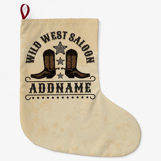 Western Cowboy Boots ADD NAME Sheriff Spurs Saloon Large Christmas Stocking (Front)
