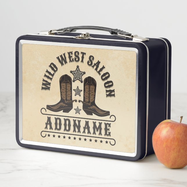 Western Cowboy Boots ADD NAME Sheriff Spurs Saloon Metal Lunch Box (In Situ)