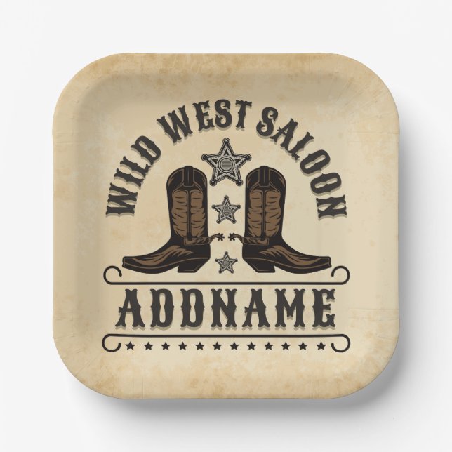 Western Cowboy Boots ADD NAME Sheriff Spurs Saloon Paper Plate (Front)