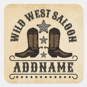 Western Cowboy Boots ADD NAME Sheriff Spurs Saloon Square Sticker