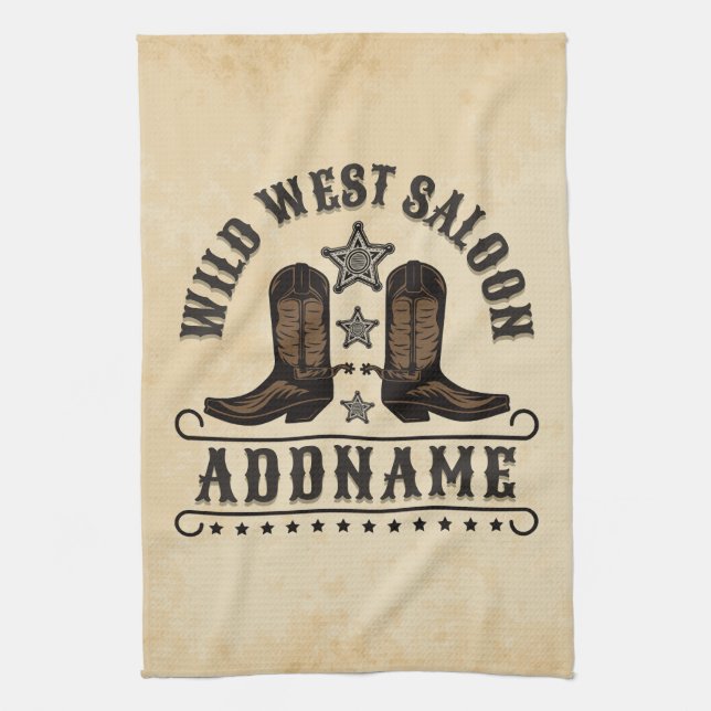 Western Cowboy Boots ADD NAME Sheriff Spurs Saloon Tea Towel (Vertical)
