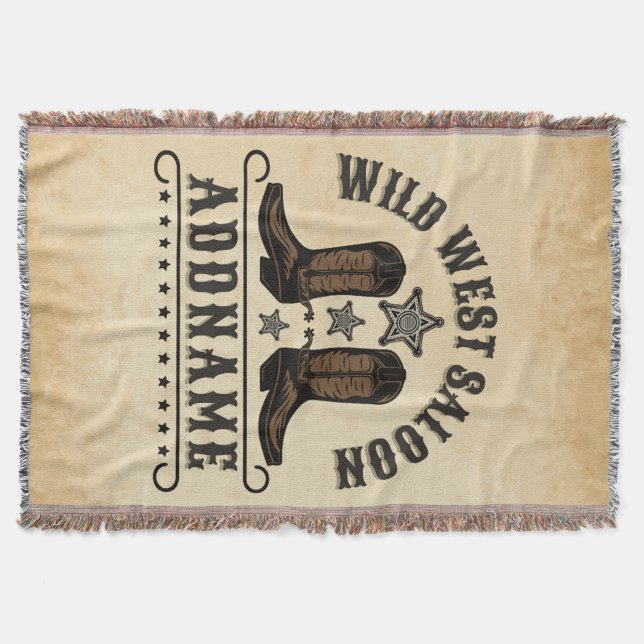 Western Cowboy Boots ADD NAME Sheriff Spurs Saloon Throw Blanket (Front)