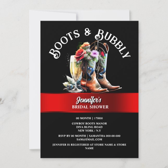 Western cowboy boots black red bubbly chic  invitation (Front)