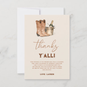 Western Cowboy Boots & Bubbly Bridal Shower Thank You Card
