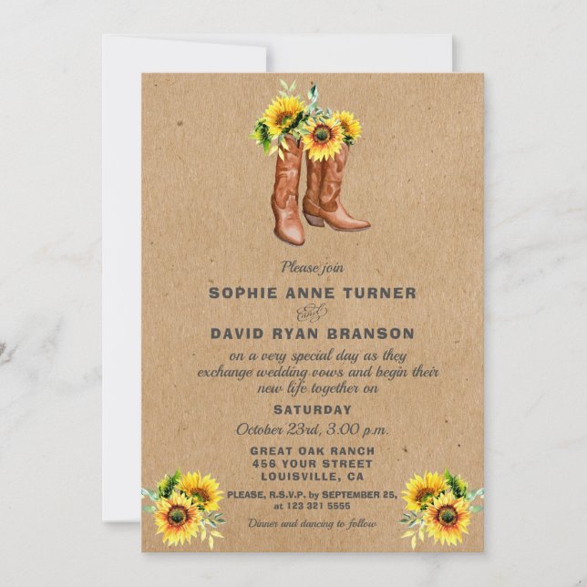 Western Cowboy Boots Country Sunflowers Wedding Invitation (Front)