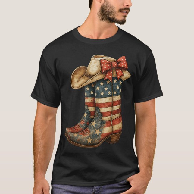  Western Cowboy Boots Cowgirl American Flag 4Th  T-Shirt (Front)