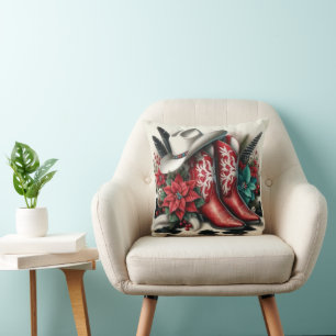 Western Cowboy Boots Floral Cow Hide Christmas Cushion