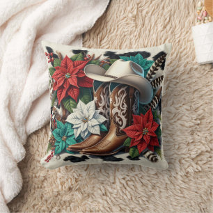 Western Cowboy Boots Floral Cow Hide Christmas Cushion
