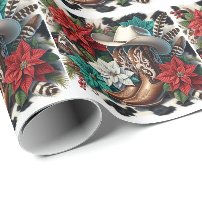 Western Cowboy Boots Floral Cow Hide Christmas Wrapping Paper (Roll Corner)