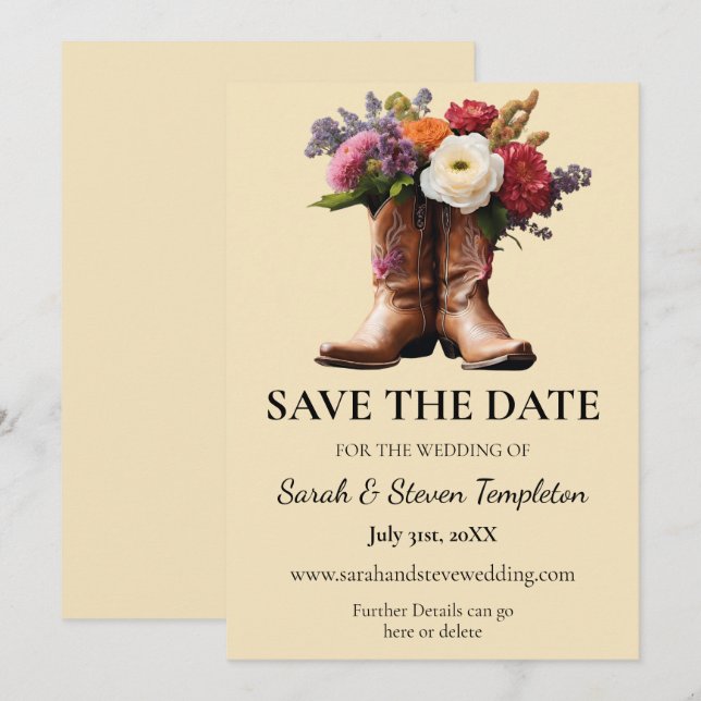 Western Cowboy Boots Floral Elegant Country Farm Save The Date (Front/Back)