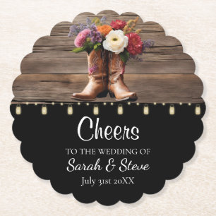 Western Cowboy Boots Floral Elegant Wedding Paper Coaster