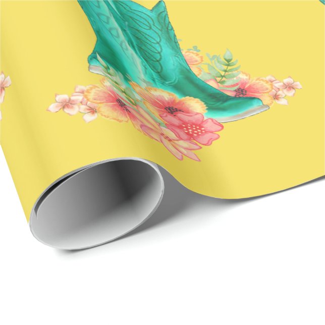 Western  Cowboy Boots  Flowers ANY COLOR Backgrond Wrapping Paper (Roll Corner)