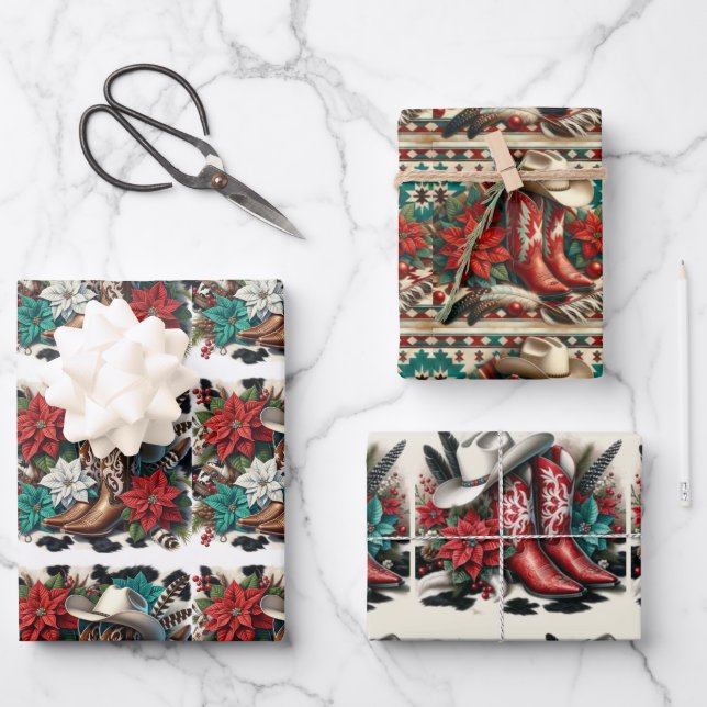 Western Cowboy Boots Hat and Poinsettia Christmas  Wrapping Paper Sheet (Front)
