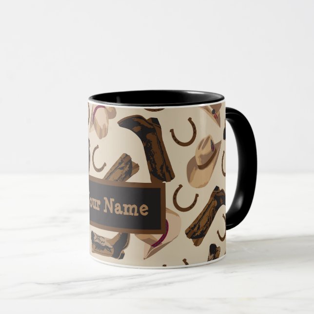 Western Cowboy Boots Hats Beige Name Personalised Mug (Front Right)