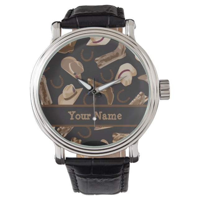 Western Cowboy Boots Hats Black Name Badge Watch (Front)