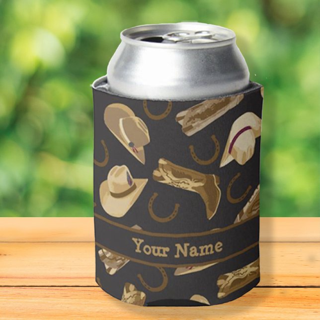 Western Cowboy Boots Hats Black Name Personalised Can Cooler (Creator Uploaded)