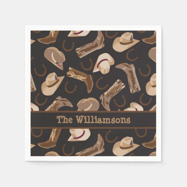 Western Cowboy Boots Hats Brown Black Name Custom Napkin (Front)