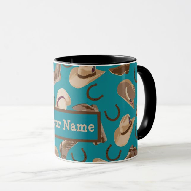 Western Cowboy Boots Hats Teal Name Personalised Mug (Front Right)