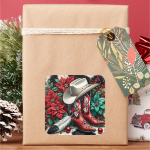 Western Cowboy Boots Holiday Floral Cow Hide Square Sticker