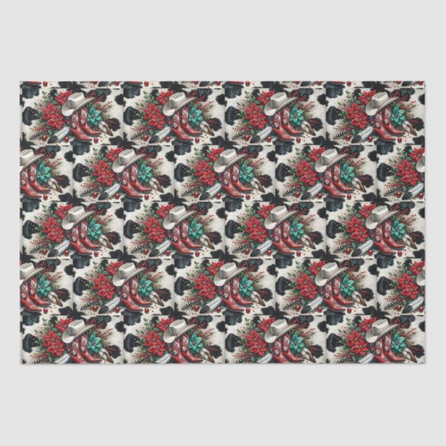 Western Cowboy Boots Holiday Floral Cow Hide  Tissue Paper (Front)