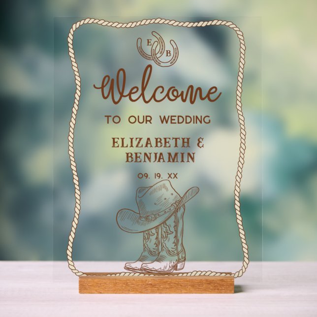Western Cowboy Boots Horseshoe Wedding Welcome Acrylic Sign (Neutral)